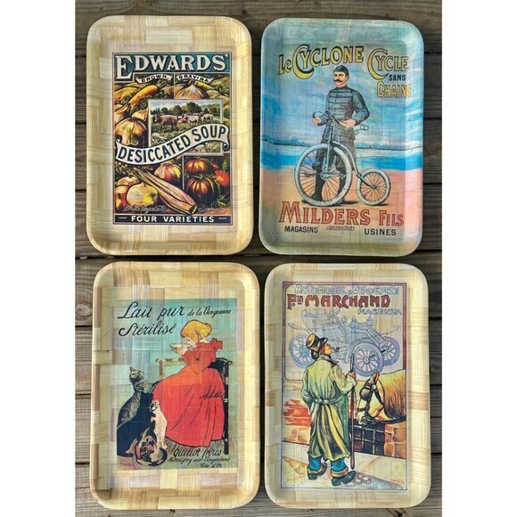 <<SOLD<< 5 Serving Trays Woven Bamboo Milk Bicycle Antique Adverts Vintage 70s - Picture 1 of 6